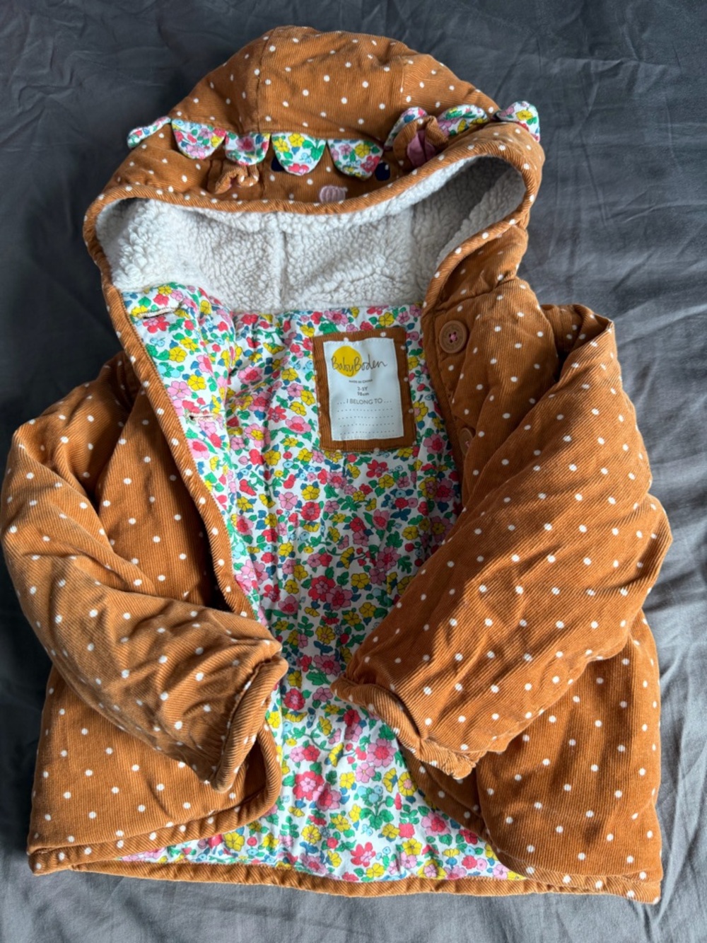 Baby Boden Rust Polka Dot Hooded Jacket with Floral Lining